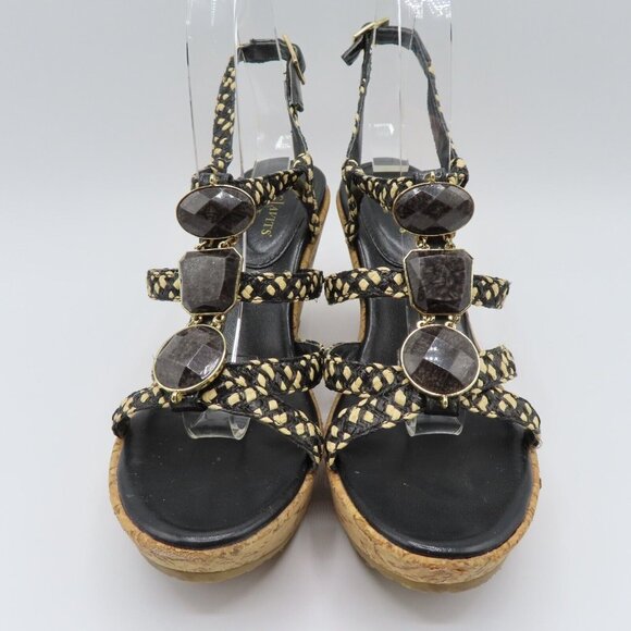 Eric Javits Womens 8 M Rhinestone Black Woven Raffia Cork Wedge Sandals Heels - Picture 2 of 12